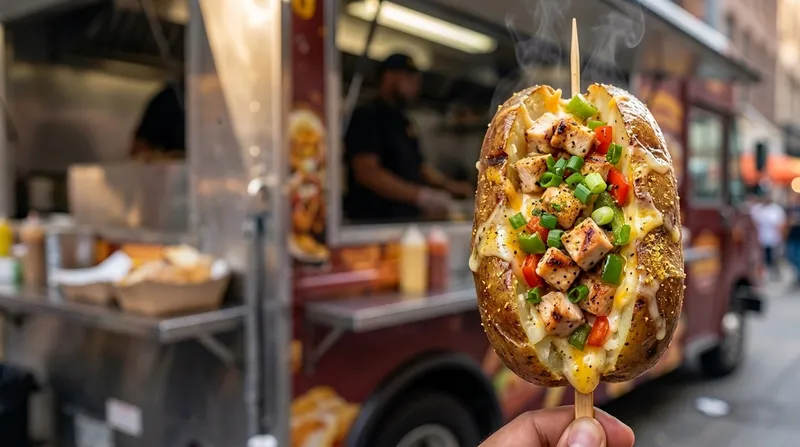 A cheesy loaded potato on a stick held in hand