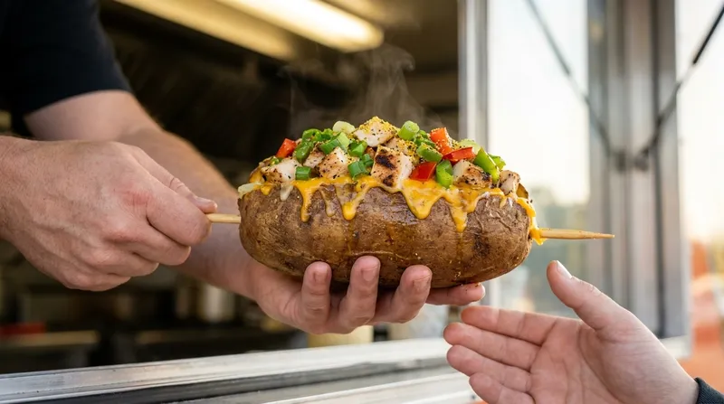 A potato on a stick handed out at the food-truck window